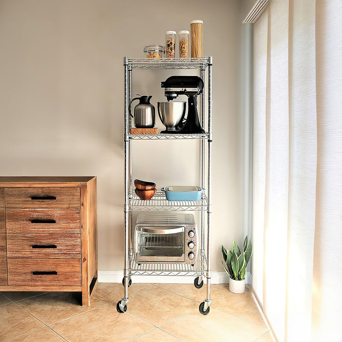 Modular Wire Storage Shelf 350 x 350 x 1800mm Steel Shelving - Carbon Chrome Plated with Wheels