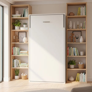 Single Wall Bed in White Gloss – Space Saving Murphy Bed Kit with Silver Door Handle