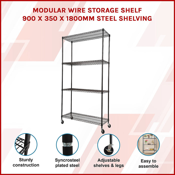 Modular Wire Storage Shelf 900 x 350 x 1800mm Steel Shelving - Baking Black Technology with Wheels